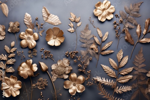 flowers imprinted in metal brass or bronze like herbarium. Crafts and arts hobby. Crafting postcard. 