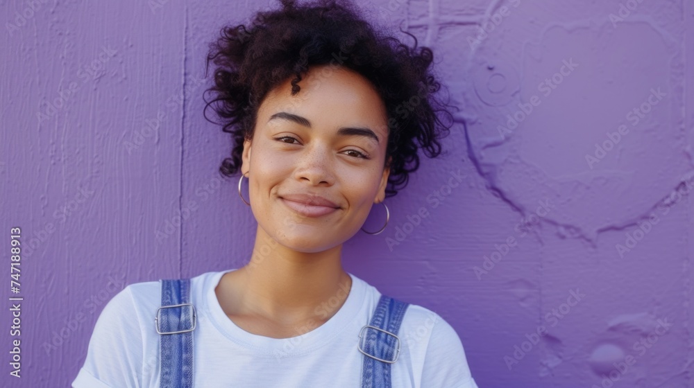 Young woman with curly hair smiling wearing denim overalls and white t-shirt against purple textured wall. Young woman with curly hair smiling wearing denim overalls and white t-shirt against purple textured wall.