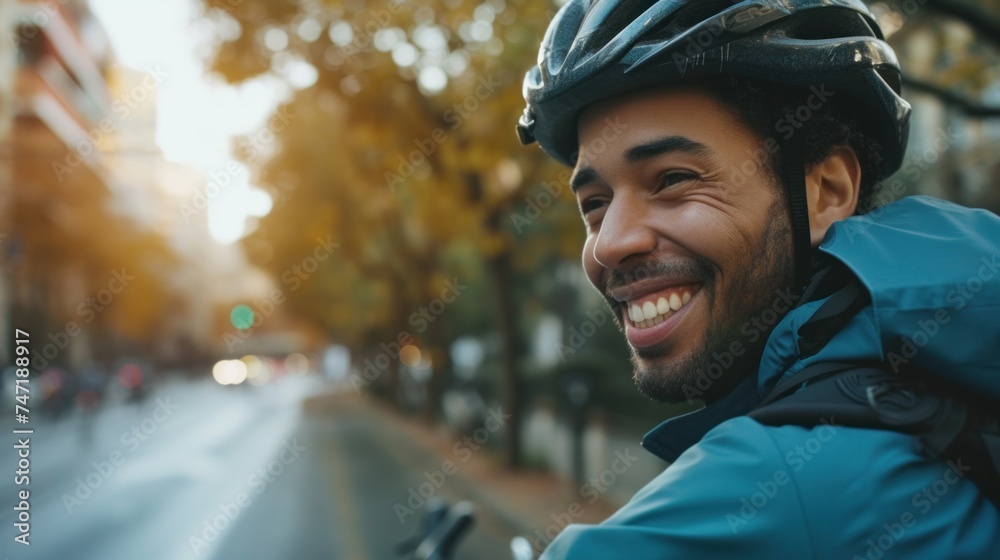 Happy man in helmet riding bicycle on city street. - obrazy, fototapety, plakaty 