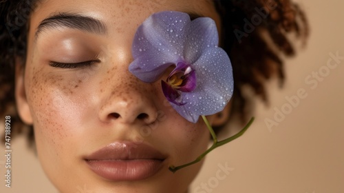 A close-up of a person's face with closed eyes adorned with a single purple orchid petal resting on the eyelid highlighting the beauty of the skin and the delicate flower.