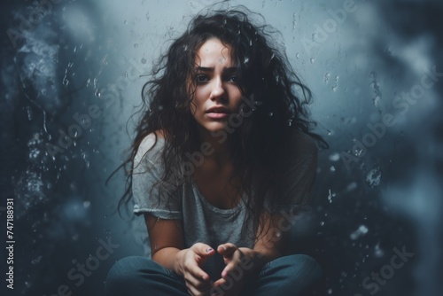 woman looking stressed and suffering from breakup, codependency, mental health issues and disorder. Relationships therapy illustration. Pain, depression and suffer.  photo
