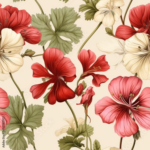 geranium botanical illustration seamless pattern. Textile, tablecloth fabric print. Vintage floral wallpaper.