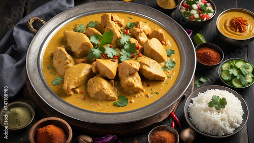 Steaming plate of Chicken Korma, brimming with rich, creamy sauce and tender pieces of chicken, sits atop a dark wooden table, and surrounded by aromatic Indian spices and colorful side dishes.