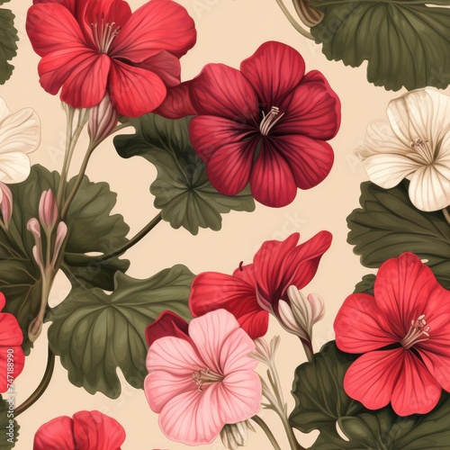 geranium botanical illustration seamless pattern. Textile, tablecloth fabric print. Vintage floral wallpaper.