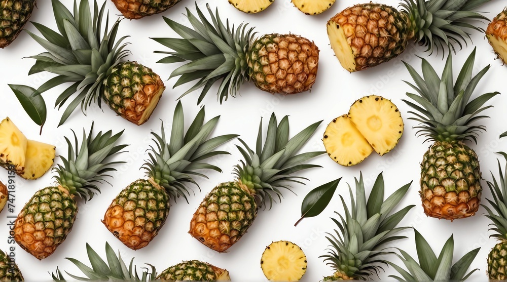 Fototapeta premium Pineapple on white background. Summer concept. Flat lay, top view, square