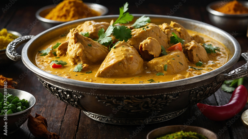Steaming plate of Chicken Korma, brimming with rich, creamy sauce and tender pieces of chicken, sits atop a dark wooden table, and surrounded by aromatic Indian spices and colorful side dishes. Steaming plate of Chicken Korma, brimming with rich, creamy sauce and tender pieces of chicken, sits atop a dark wooden table, and surrounded by aromatic Indian spices and colorful side dishes.