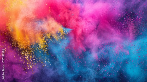 Colorful festival background. Abstract powder blowing up, rainbow paint explosion, vibrant dust explode. Design, templet for color Holi of India celebration greetings. Card, event, poster, flyer