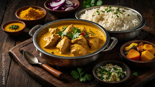 Steaming plate of Chicken Korma, brimming with rich, creamy sauce and tender pieces of chicken, sits atop a dark wooden table, and surrounded by aromatic Indian spices and colorful side dishes.