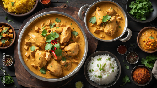 Steaming plate of Chicken Korma, brimming with rich, creamy sauce and tender pieces of chicken, sits atop a dark wooden table,  and surrounded by aromatic Indian spices and colorful side dishes.