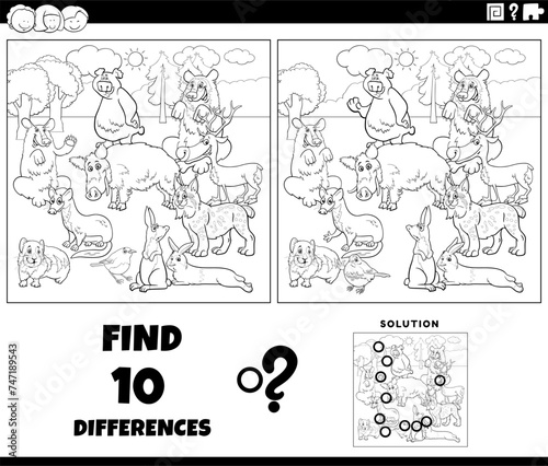 differences activity with cartoon wild animals group coloring page