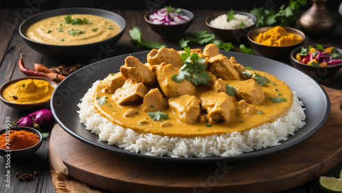 Steaming plate of Chicken Korma, brimming with rich, creamy sauce and tender pieces of chicken, sits atop a dark wooden table,  and surrounded by aromatic Indian spices and colorful side dishes.