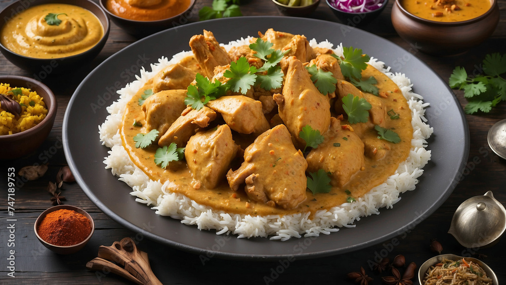 Steaming plate of Chicken Korma, brimming with rich, creamy sauce and tender pieces of chicken, sits atop a dark wooden table, and surrounded by aromatic Indian spices and colorful side dishes. Steaming plate of Chicken Korma, brimming with rich, creamy sauce and tender pieces of chicken, sits atop a dark wooden table, and surrounded by aromatic Indian spices and colorful side dishes.