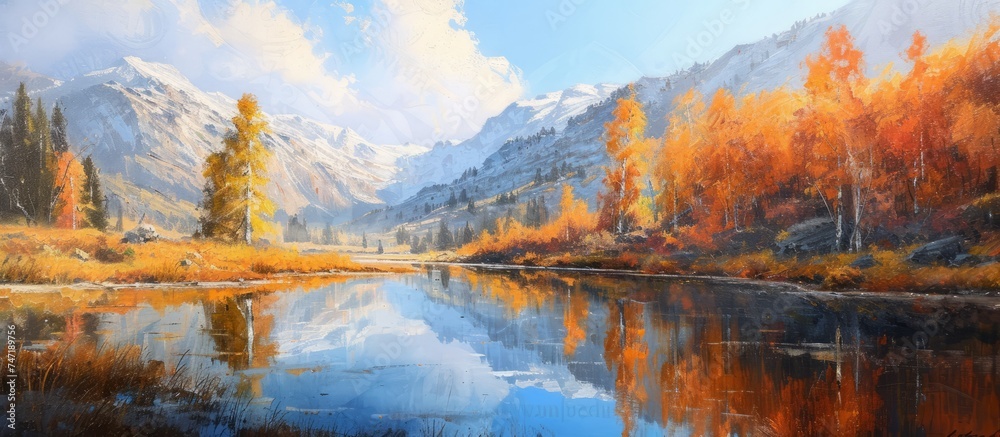 Obraz premium Serenity of Nature: Painting of a Majestic Mountain River with Lush Trees in the Background