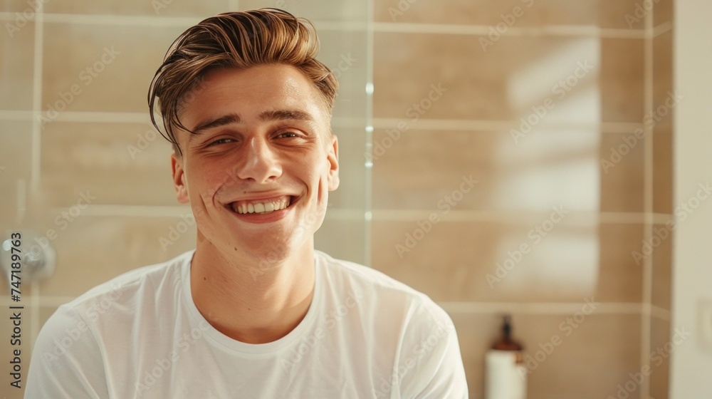 Obraz premium Smiling young man with short hair wearing a white t-shirt standing in a bathroom with beige tiles and a bottle of shampoo in the background.