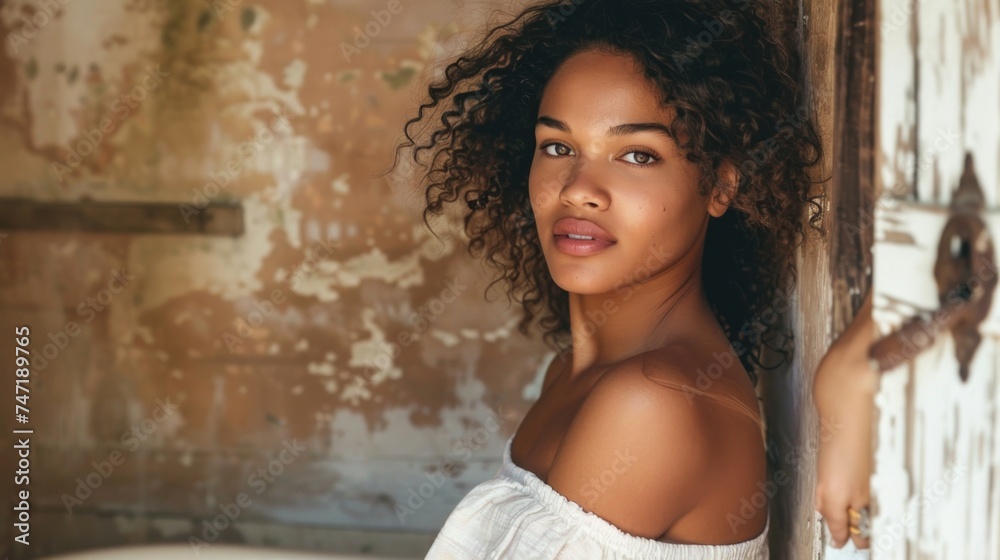 Fototapeta premium A woman with curly hair and a white top posing against a rustic wall with peeling paint.