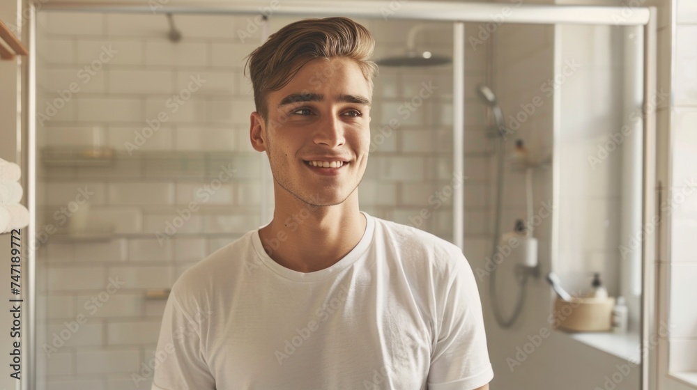Young man in white shirt smiling in bathroom. Young man in white shirt smiling in bathroom.