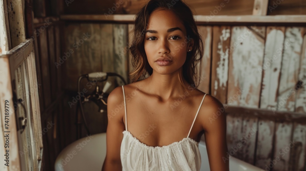 Fototapeta premium A woman with a neutral expression wearing a white off-the-shoulder top standing in a rustic setting with wooden walls and a vintage-style sink.