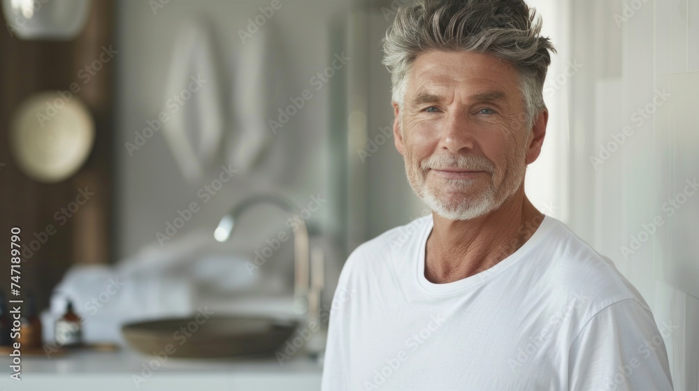Fototapeta premium A man with a gray beard and hair wearing a white t-shirt standing in a modern bathroom with a sink and a mirror.
