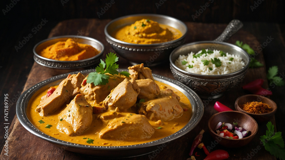 Steaming plate of Chicken Korma, brimming with rich, creamy sauce and tender pieces of chicken, sits atop a dark wooden table, and surrounded by aromatic Indian spices and colorful side dishes. Steaming plate of Chicken Korma, brimming with rich, creamy sauce and tender pieces of chicken, sits atop a dark wooden table, and surrounded by aromatic Indian spices and colorful side dishes.