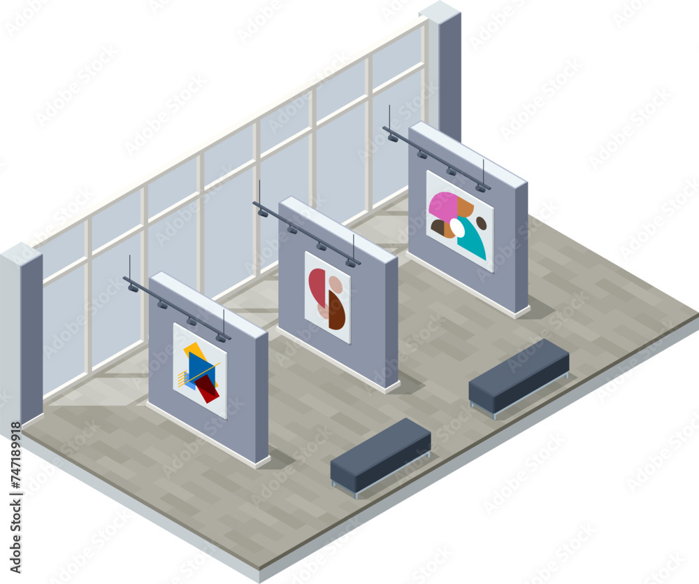 Isometric Interior of the Modern Art, an art museum. Room in museum with artworks Isometric Interior of the Modern Art, an art museum. Room in museum with artworks