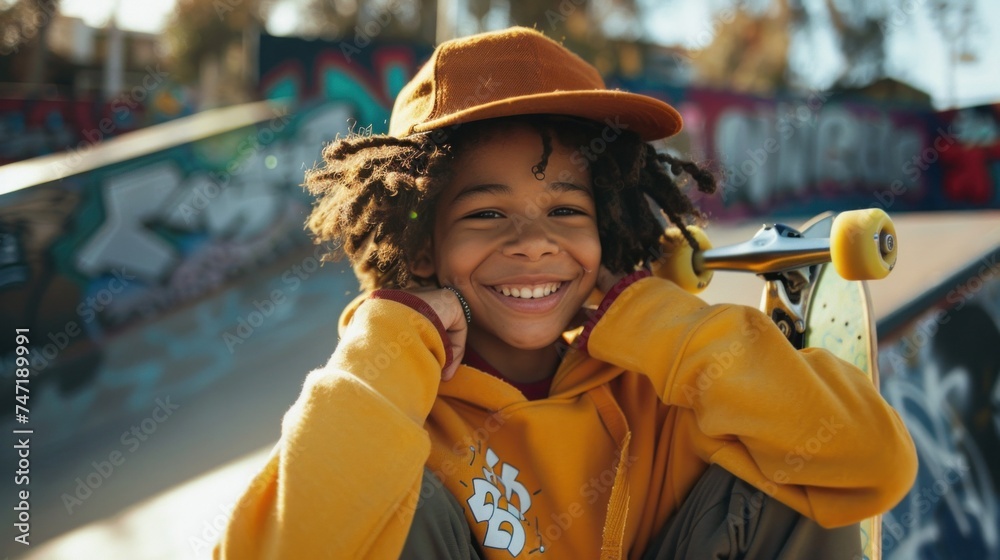 Young skateboarder with curly hair, wearing a brown hat and a yellow hoodie, smiling and posing with a skateboard at a skate park.