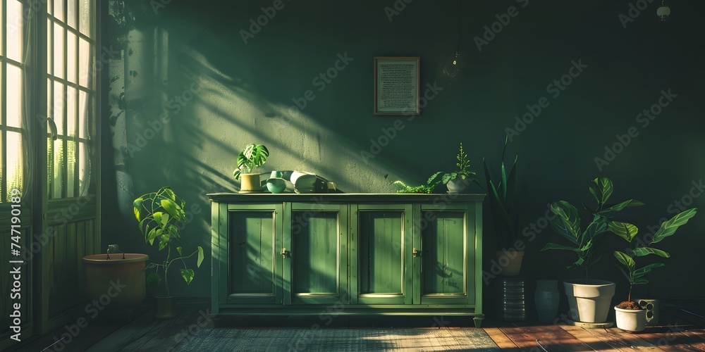 Green interior decoration, TV background wall, decorative flowers - obrazy, fototapety, plakaty 