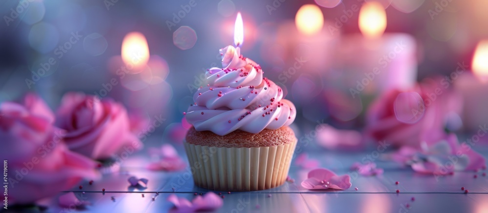 Cupcake or muffin for birthday cake with a single candle isolated on blur background. AI generated - obrazy, fototapety, plakaty 