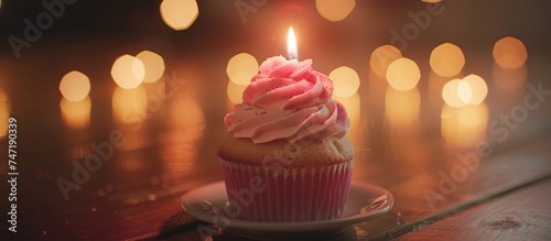Cupcake or muffin for birthday cake with a single candle isolated on blur background. AI generated