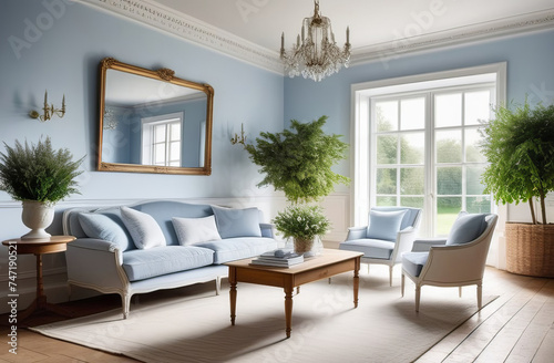 retro styled living room, very airy and spacious, in white and blue shades, big windows, fresh plants