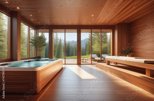 spa room interior with swimming pool and bath tub, wooden walls, natural view from big windows, country house spa salon
