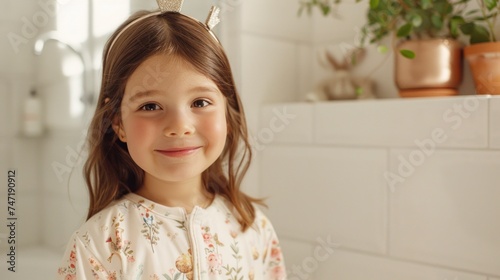 Young girl with a radiant smile wearing a white floral dress adorned with a silver headband standing in a clean white-tiled bathroom with a potted plant in the background.