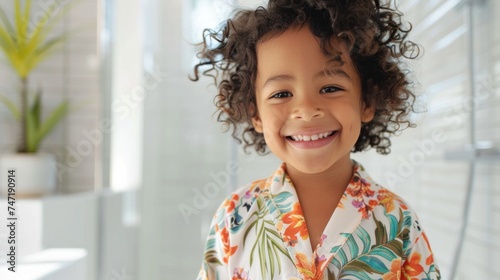 A joyful young child with curly hair wearing a colorful floral shirt smiling brightly in a bathroom setting with a potted plant in the background.