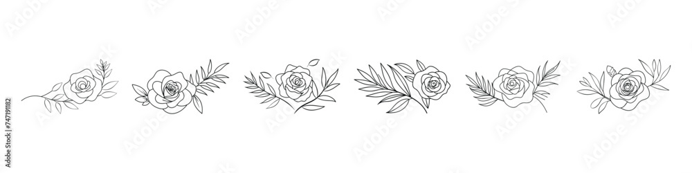 Drawn Trailing Roses Set of hand-drawn roses., set of rose flowers, buds, leaves and stems ...