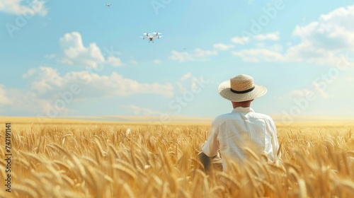 a farmer sitting amidst a golden wheat field, basking in the warmth of the sun with agricultural drones visible in the sky, sprinkling water. © lililia