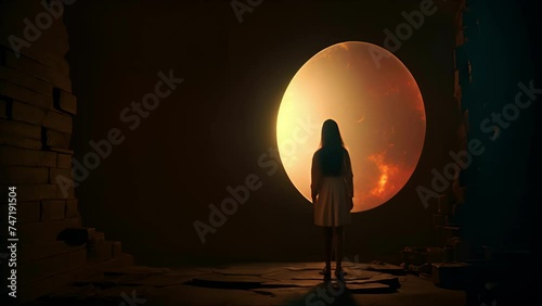 Child girl looks into a hole in a stone. The concept of consciousness, intelligence, mental health and working through childhood traumas. Ai-generated. photo