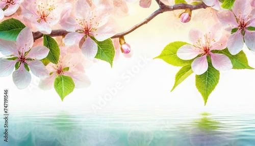 Blooming cherry branches on a white background. Spring background with space for text
