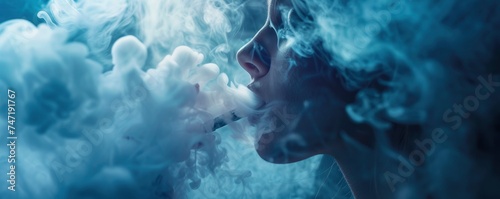 Thick smoke from vape slowly comes out of mouth, close up photo, professional photo photo