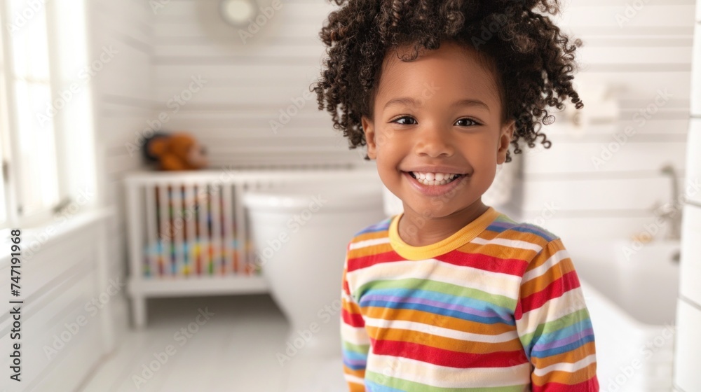 Fototapeta premium Happy child with curly hair wearing a colorful striped shirt standing in a white bathroom with a teddy bear in the background.