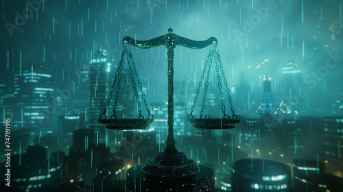 Vintage scales stand on top of New York City in the rain