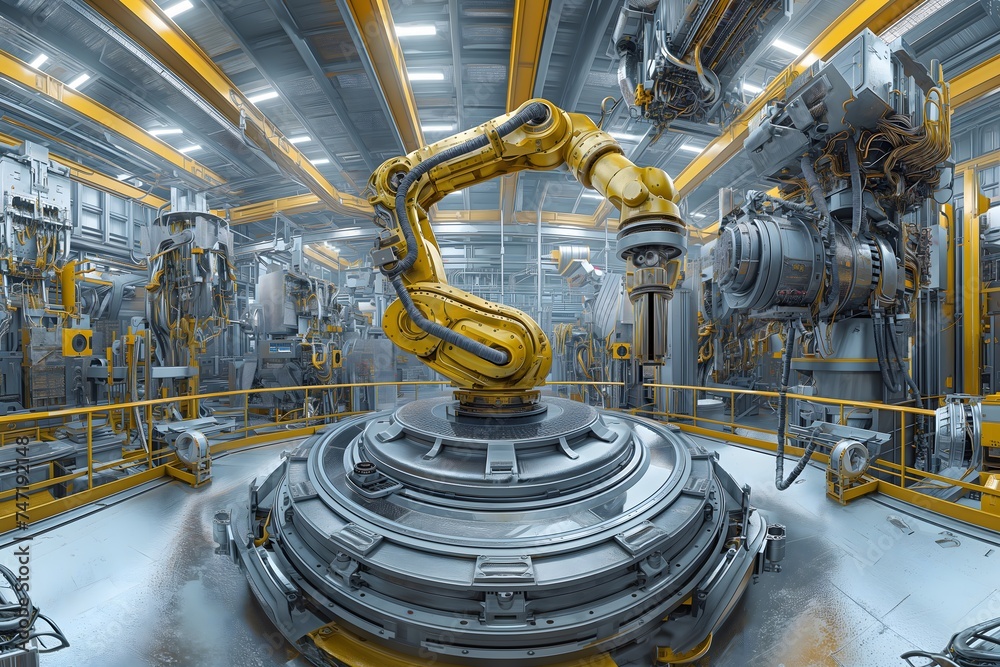 Produktionsroboter, Roboter in einer Industriehalle am Fließband, automatisierte Produktion, Konzept maschinelles Lernen und Robotik - obrazy, fototapety, plakaty 