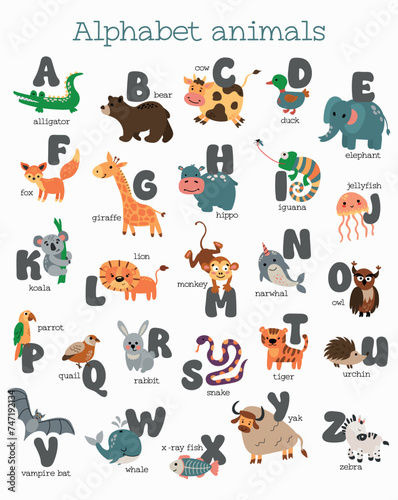 Fototapeta Naklejka Na Ścianę i Meble -  Cute animal alphabet. English Alphabet poster. ABC. 