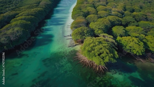 Aerial drone view of mangrove forest and sea landscape