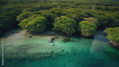Aerial drone view of mangrove forest and sea landscape © RENDISYAHRUL