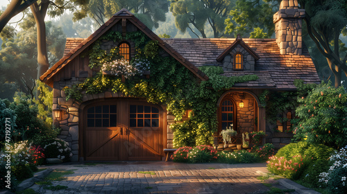 A cozy craftsman house with a stone facade and a wooden garage door  surrounded by lush greenery and flowers in the morning sunlight.