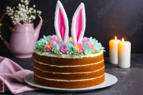 Cake with rabbit ears for Easter, birthday, holiday. Easter cake, kulich surrounded by painted eggs with spring flower.