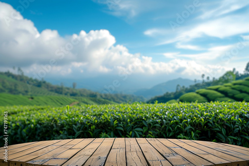 Empty wooden table over blurred green nature park or tea field background with blur summer sky. Mock up for display of product, banner for advertise, nature business presentation