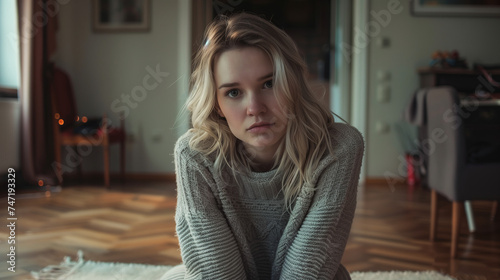 A beautiful young woman in a light sweater is sitting on the floor with her arms crossed