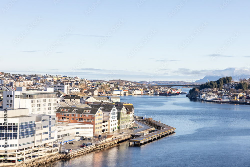 View of the town of Kristiansund  from the bridge over Soersundet (NOR Sørsundet)	