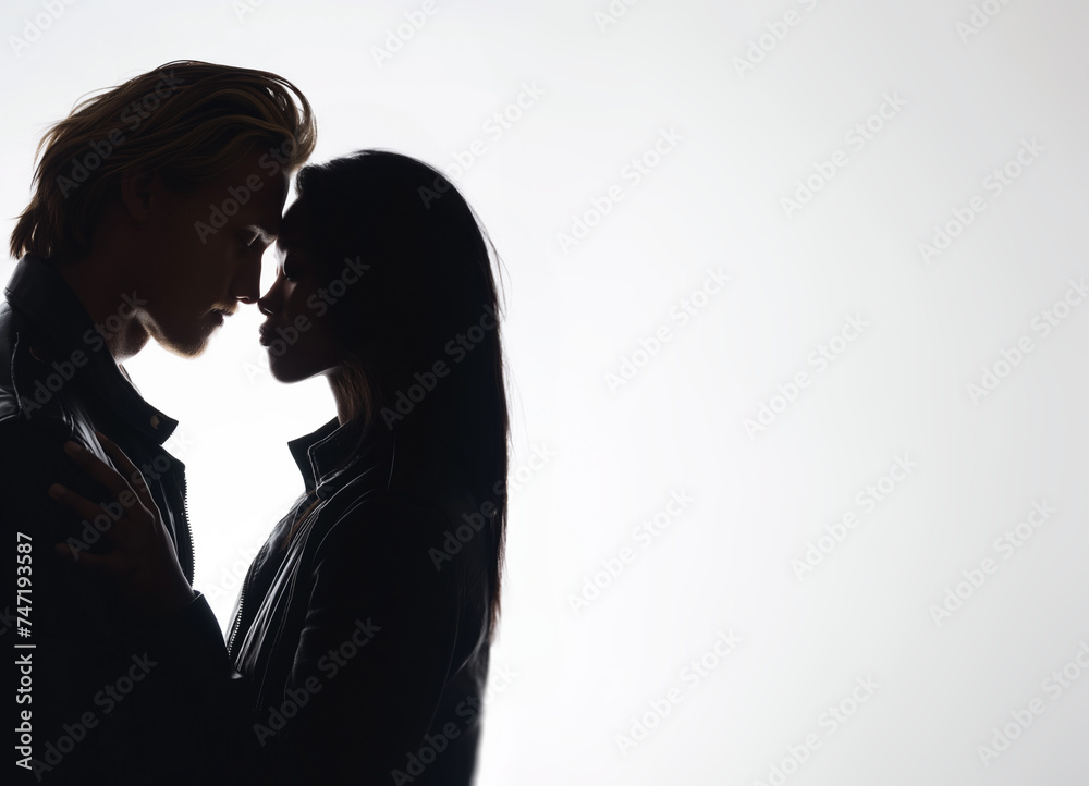 Caucasian man and Asian woman. Interracial couple concept. Valentines day. Couple in love. Silhouette of a loving couple embracing. Touching foreheads. Leather jacket. Love, Diversity and inclusion.