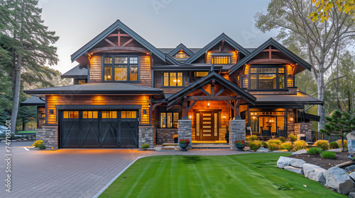 A spacious craftsman house with a wood paneling and a metal garage door, surrounded by a manicured lawn and a stone walkway, in the early morning.